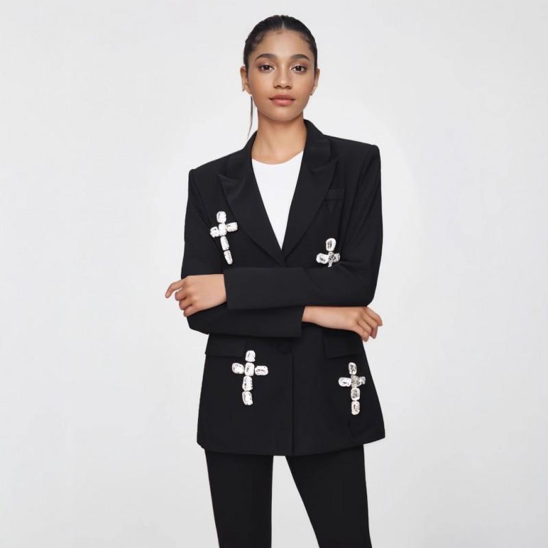 Elegant Oversized Blazer With Crystal Rhinestone Embellishment Loose Fit Office Chic Jacket Women