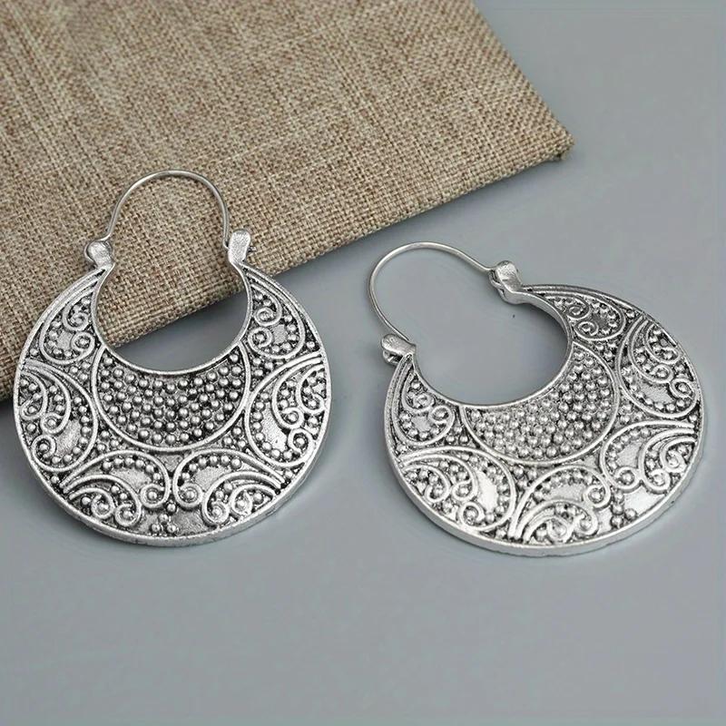 Vintage Boho Stil Blume Damen Runde Silberfarbene Hängeohrringe Party Schmuck Geschenke