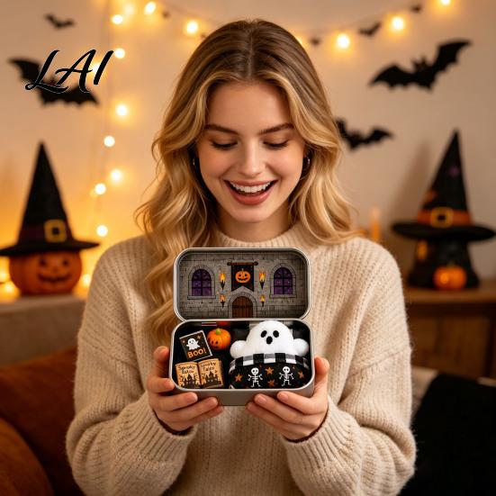 Haunted House Gift Box Halloween Mini Tin Gift Plush Ghost with Candy Storage Scene Collectible Micro Theater for Kids Party Favor Witch