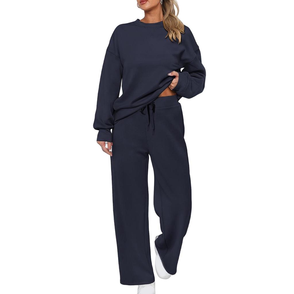 European-Americana Knit Women's Two-Piece: Long-Sleeve Top & Wide-Leg Pocketed Sweatpants