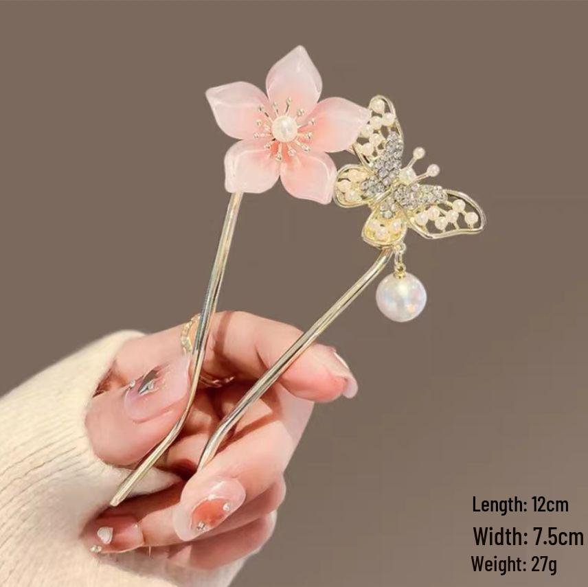 Épingle à cheveux vintage en forme de U avec pompon paon pour femmes - Épingle à chignon nacrée pour Cheongsam et Hanfu