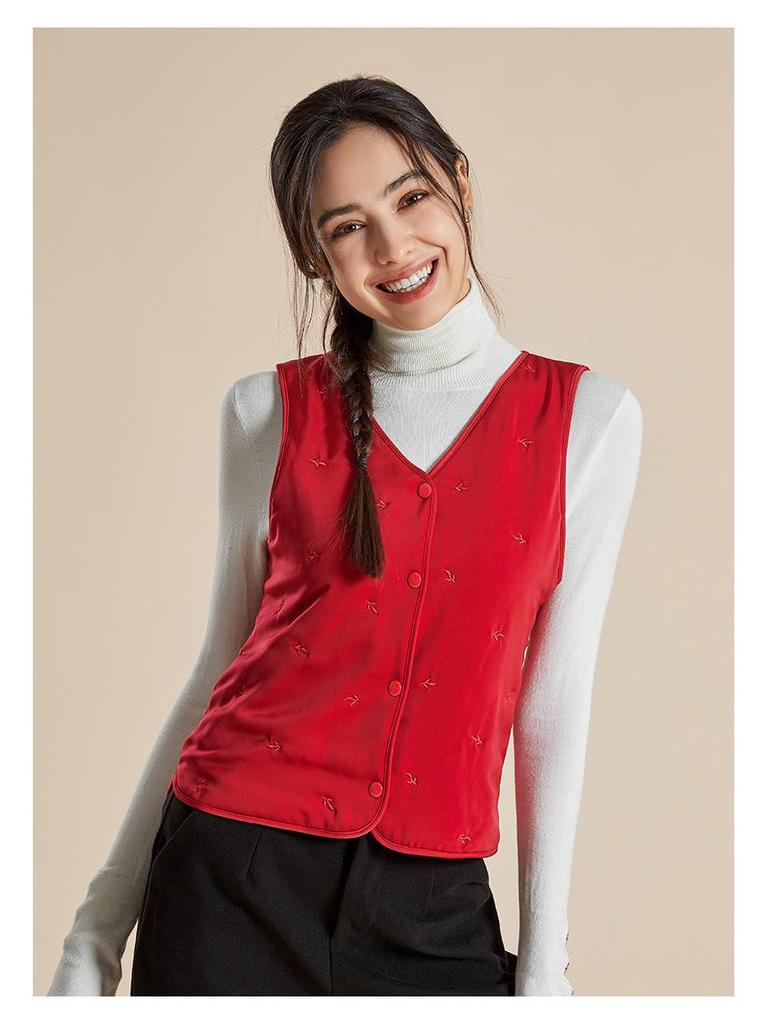 Haosangyuan Warm Mulberry Silk Embroidered Vest for Autumn and Winter