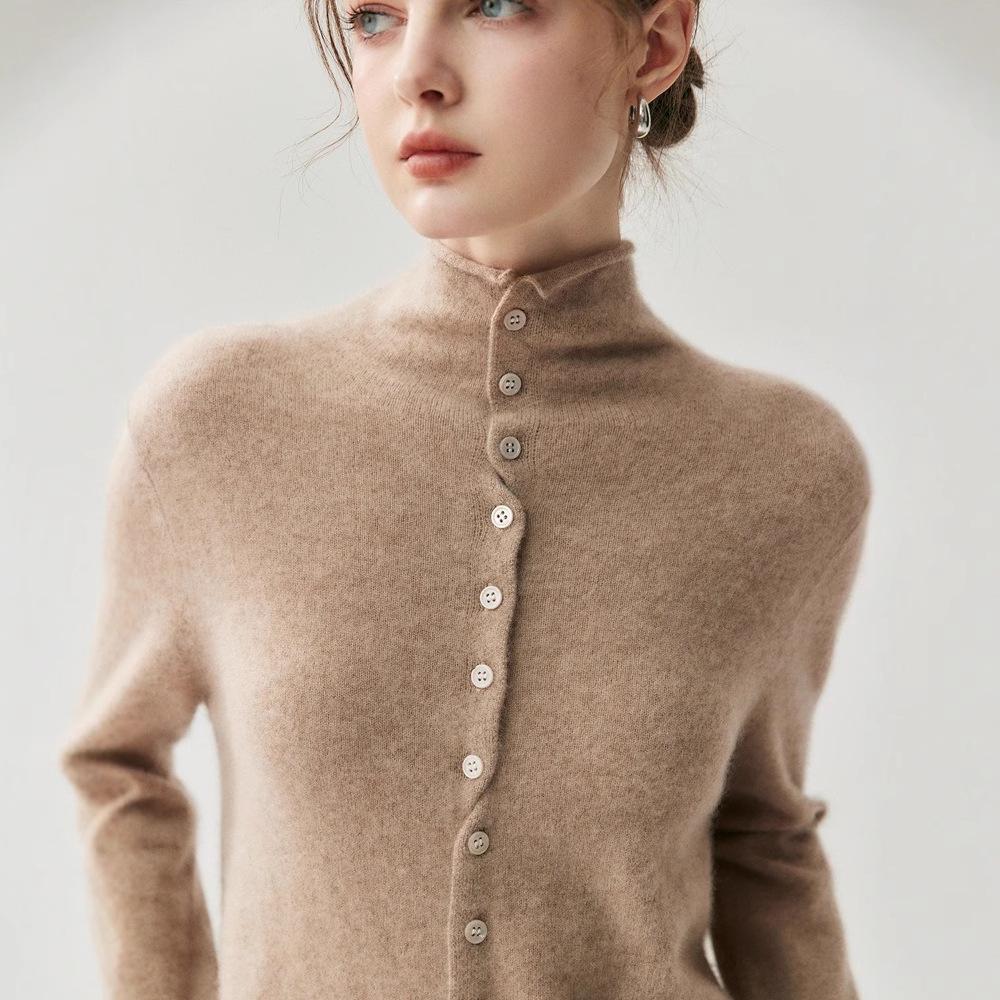 2026 Autumn/Winter Women's Reversible Cashmere High Neck Cardigan - Rolled Edge, Casual, Skin-Friendly Knit Sweater