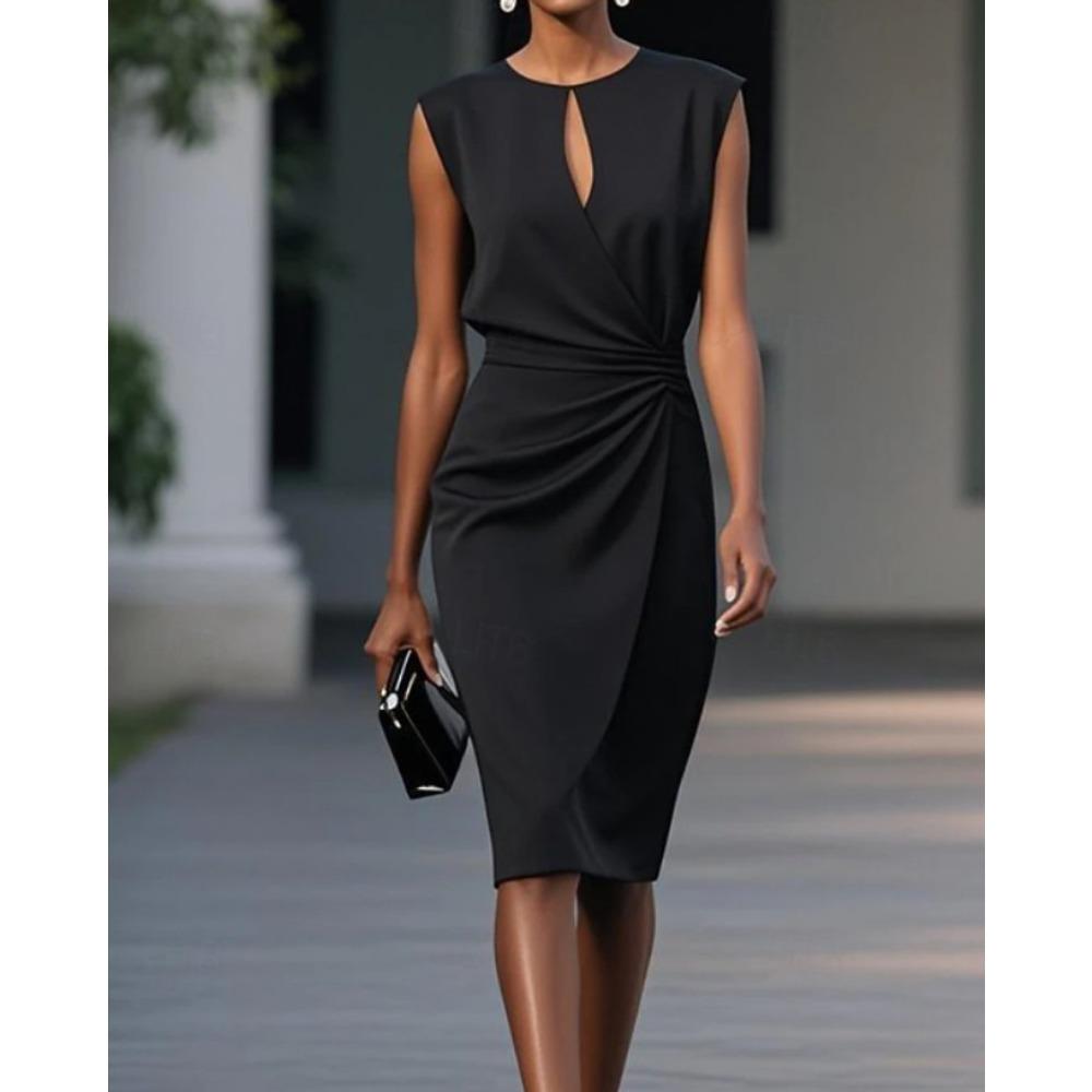 Dames mouwloze ronde hals keyhole ruches taille bodycon midi jurk voor kantoor
