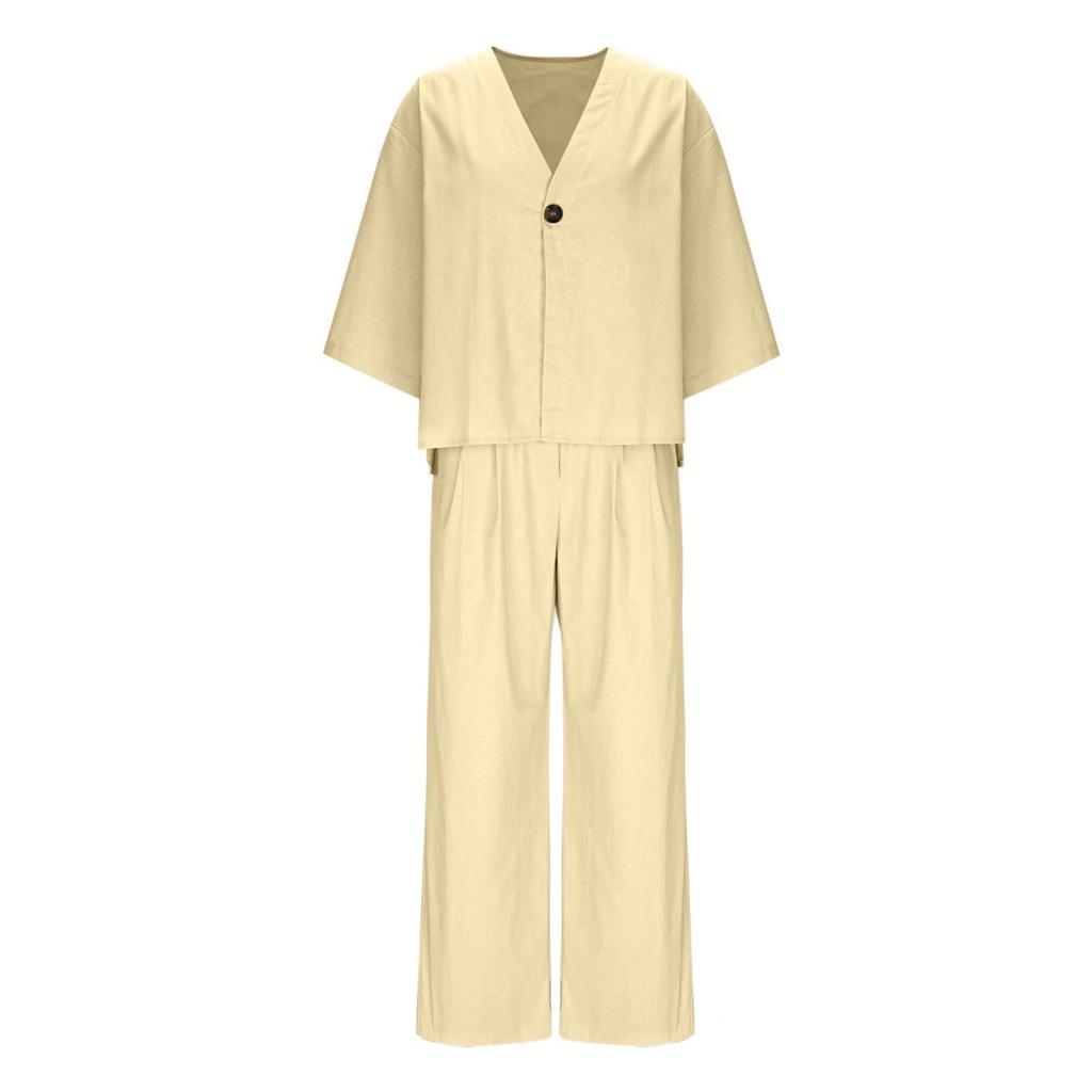 Two Piece Outfits For Women V Neck Button Down Shirt Top And Wide Leg Pants Set Loose Sweatsuits