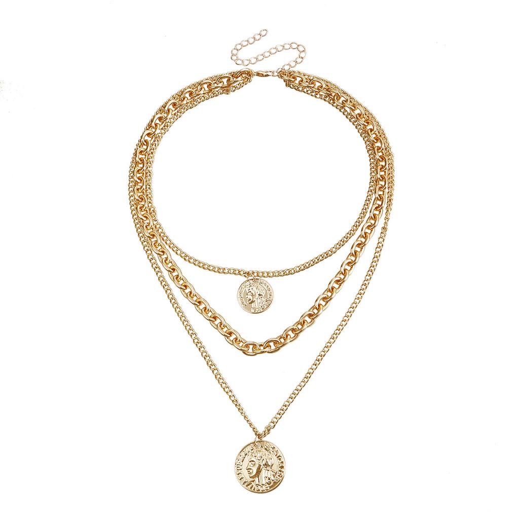 Hip-Hop Hipster Street Shot, Double-Layer Geometric Exaggeration Thick Aluminum Chain Beautiful Head Simple Portrait Coin Necklace Woman