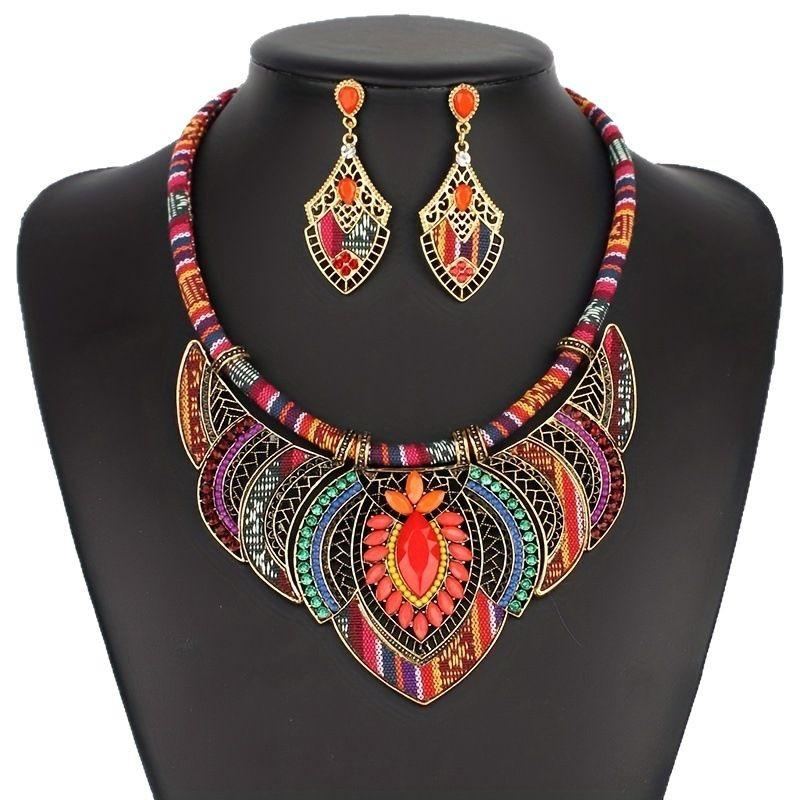 Popular Bohemian Ethnic Style Exaggerated Jewelry Set Women's Necklace Earrings Diamond Jewelry