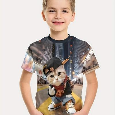 T-shirt créatif à manches courtes pour garçons, imprimé animal 3D intéressant, décontracté, pour enfants, vêtements d'été pour garçons et filles