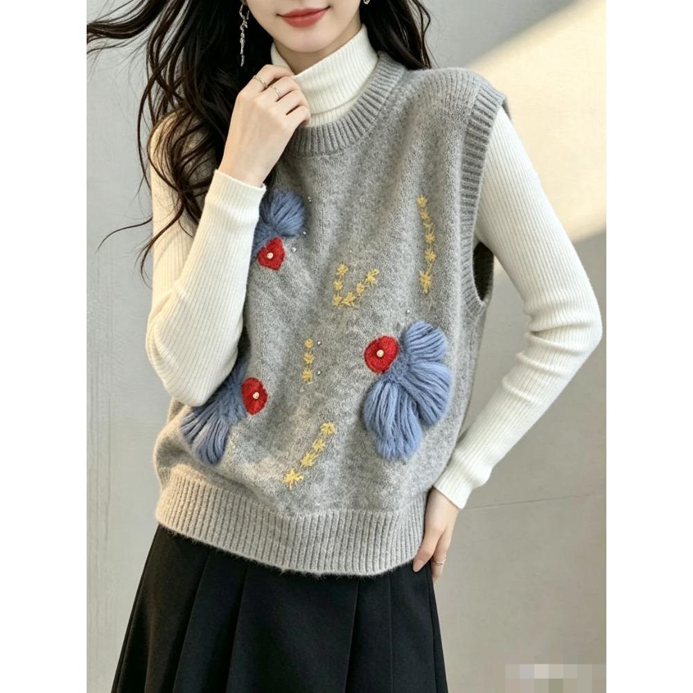 2026 Autumn Winter New Women Sweater Pullover Floral Knitting Fashion Lady Tops Vest Tank Sleeveless Shirt Loose Casual