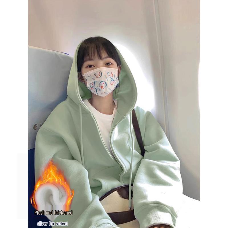 Women's Grey Hooded Fleece Sweatshirt - Slimming Thick Zip-Up Cardigan for Autumn/Winter 2025