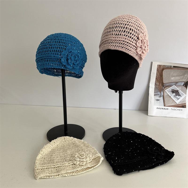 Sequined Flower Knitted Headgear Women's Spring and Summer Breathable Mesh Casual Versatile Retro Cold Hat Ear Protection Hat Shows Small Face
