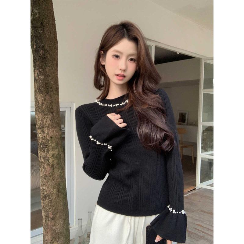 

Spring new high-end atmosphere beaded bottoming shirt women s slim beauty chic flared sleeve knitted top L чёрный