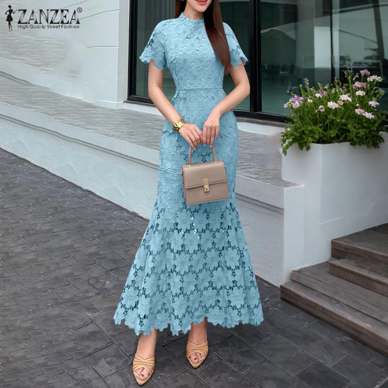 ZANZEA Women Summer Round Neck Short Sleeve Elegant Lace Fishtail Dress