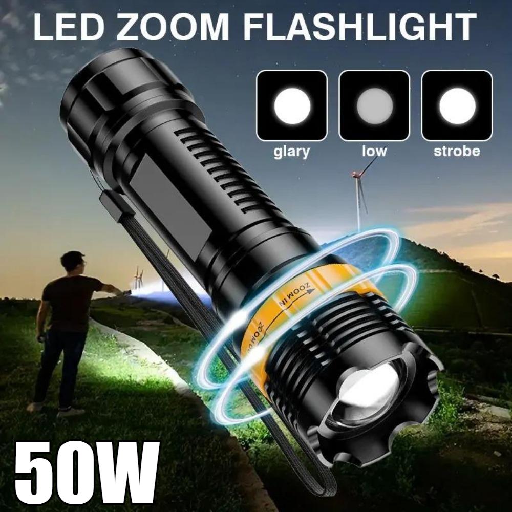 50W Portable Mini LED Flashlight Zoomable LED Torch Long Range Spotlight 3Mode Camping Lantern Outdoor Emergency ABS Floodlight