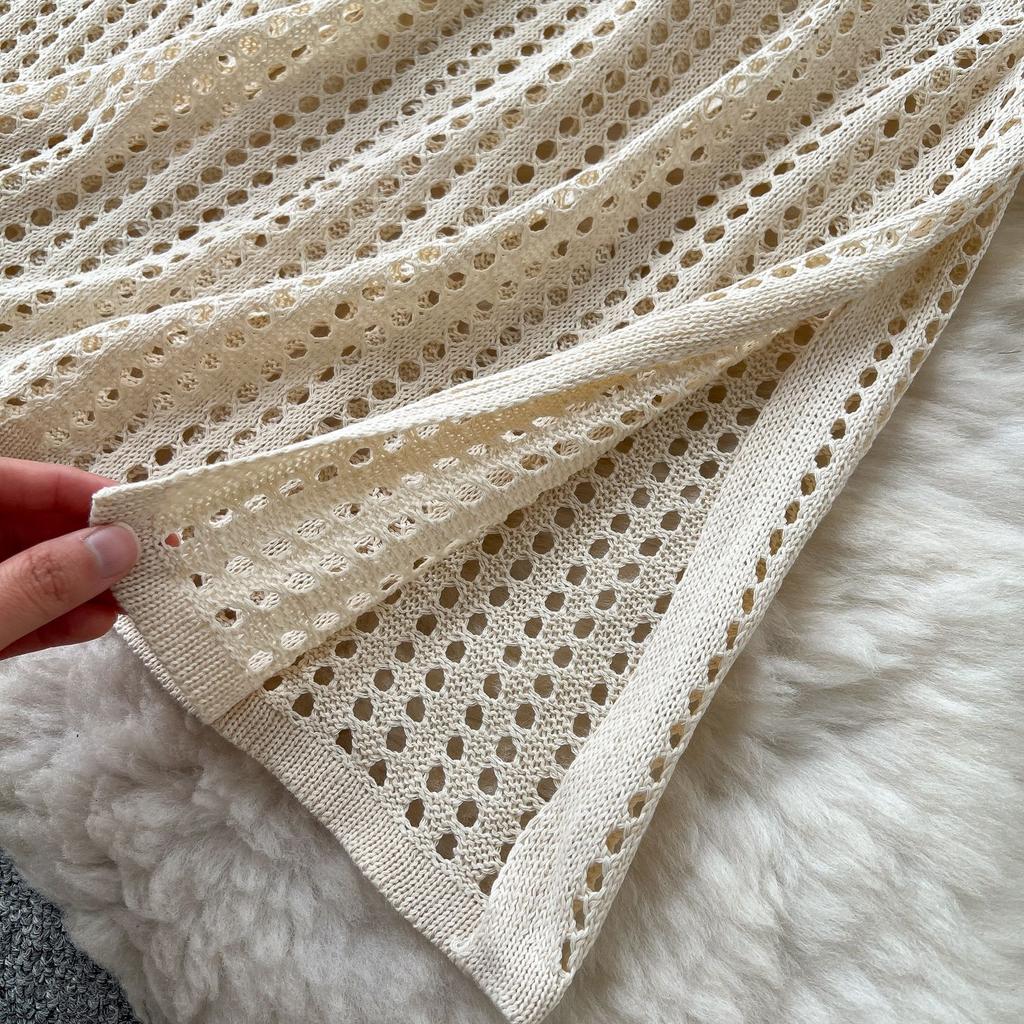 Hollowed-out Grid Knitted Dress Summer Lace-up Short-sleeved Slit Loose Dress