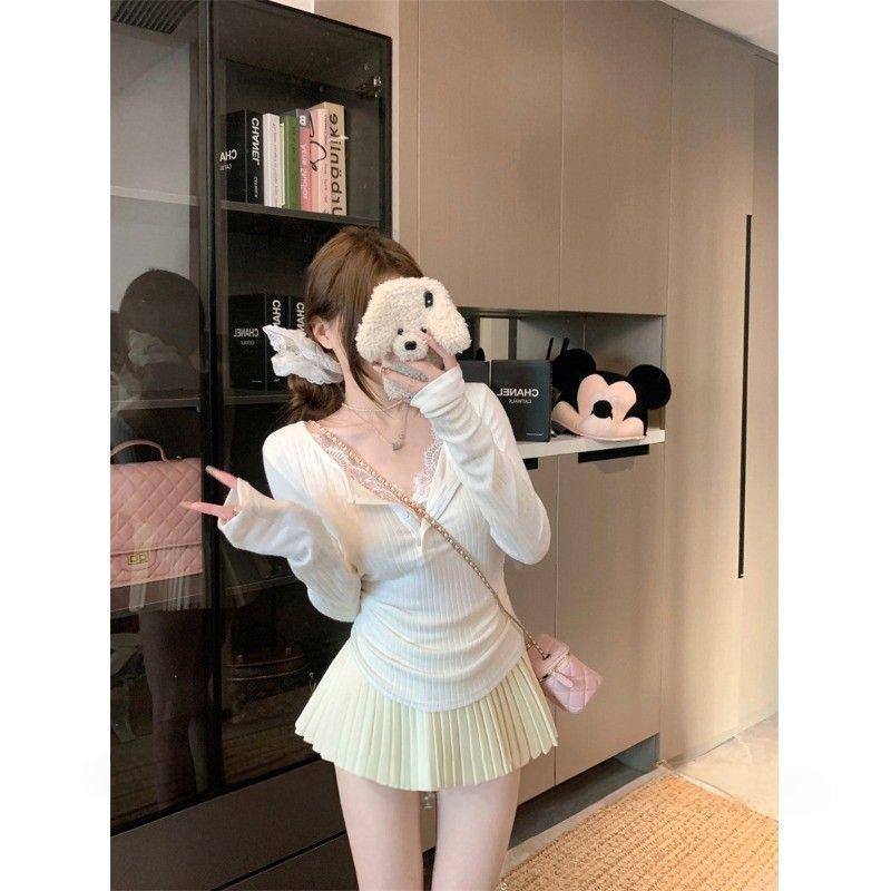 Plus Size Lace Patchwork Long Sleeve T-shirt for Women - Slimming Autumn/Winter Top