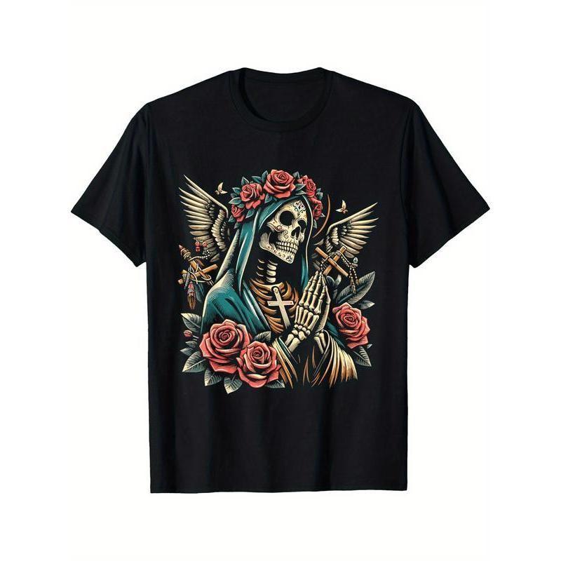 Fashion Retro Casual Loose Graphic Print Short Sleeve-Skull Saint Death T-Shirt M