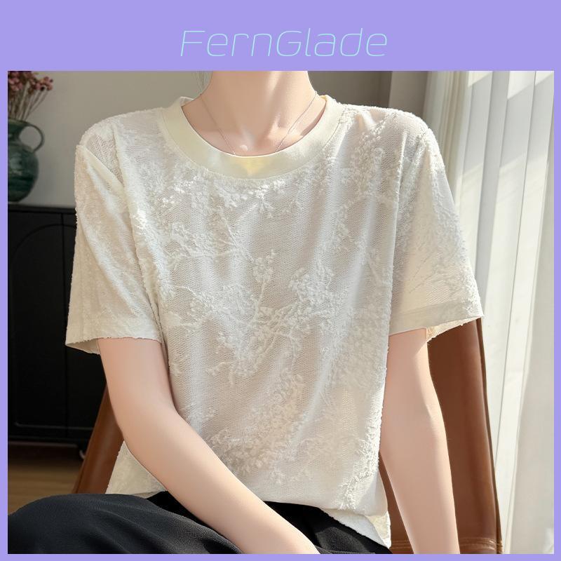 Silk Short Sleeve T Shirt With Jacquard Weaving For Casual Wear