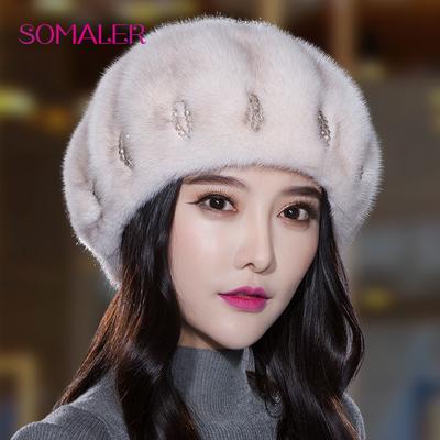 Women Winter Mink Fur Beret Hats with Elegant Decoration Integral-fur Beret Hats