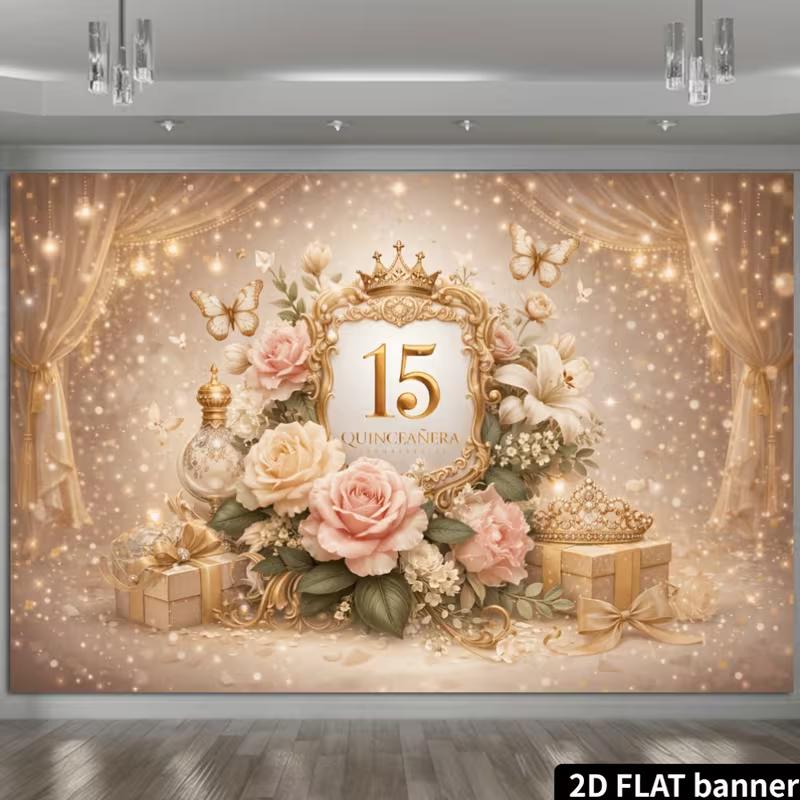 2D Sweet 15 Gold Crown and Butterfly Backdrop Photo Booth Background