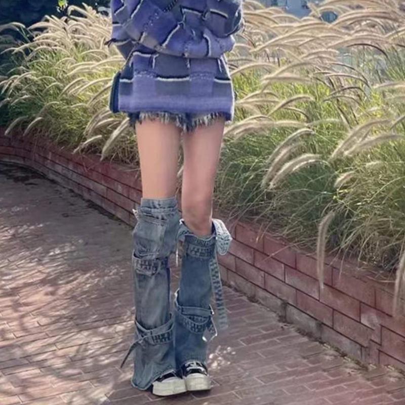 Womens Harajuku Punk Rock Denim Leg Warmer Socks Gothic Bandage Buckled Knee High Foot Cover Aesthetic Grunge Streetwear