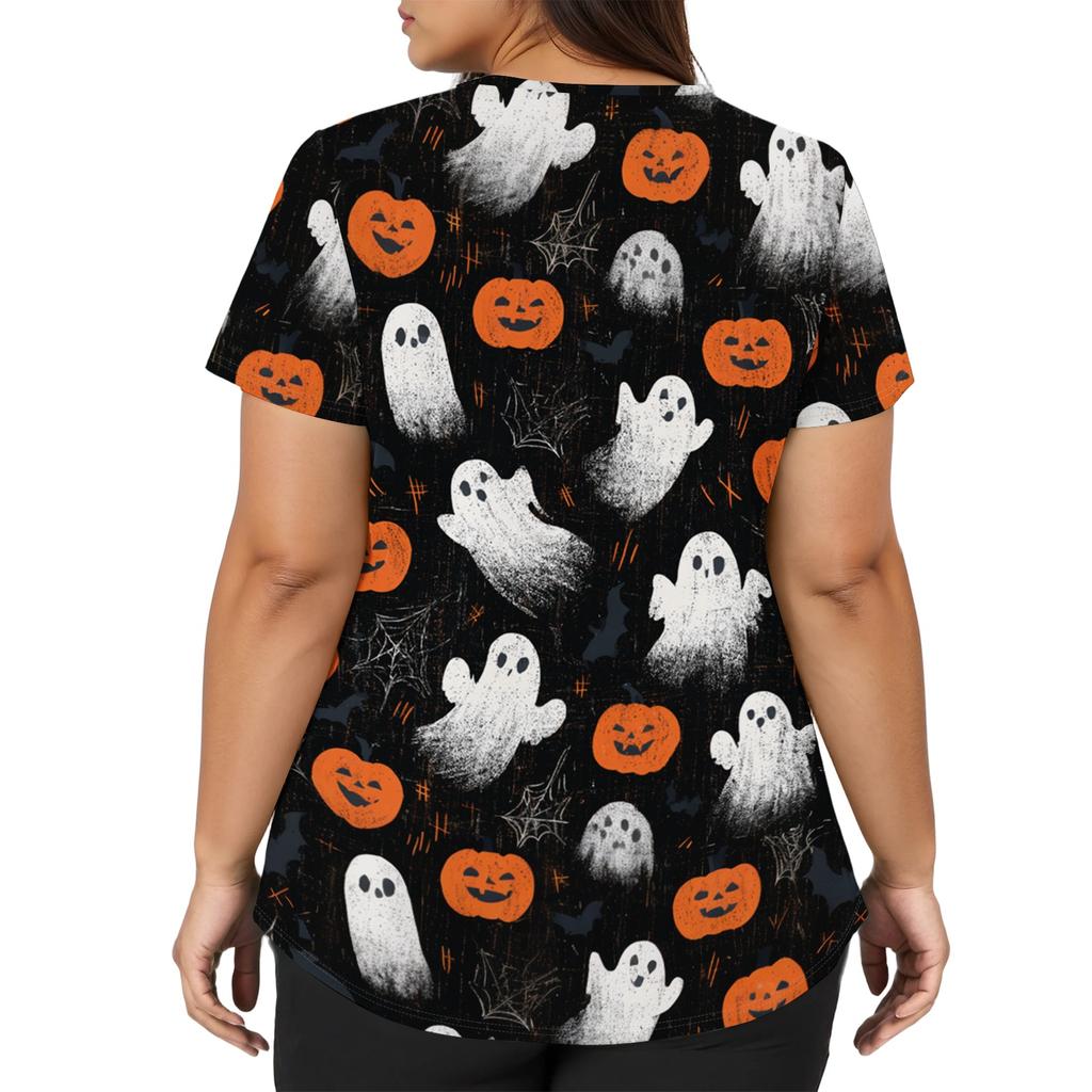 Women's V-Neck Short Sleeve Scrub Top with Pockets Halloween Print for Work