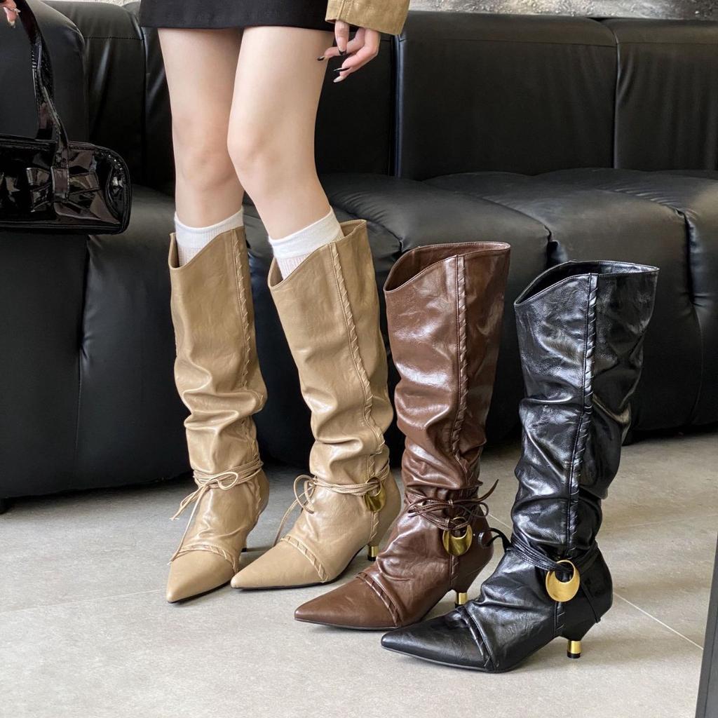 2025 autumn and winter new fashion niche string rope cone heel pointed western cowboy boots stacking boots boots long boots