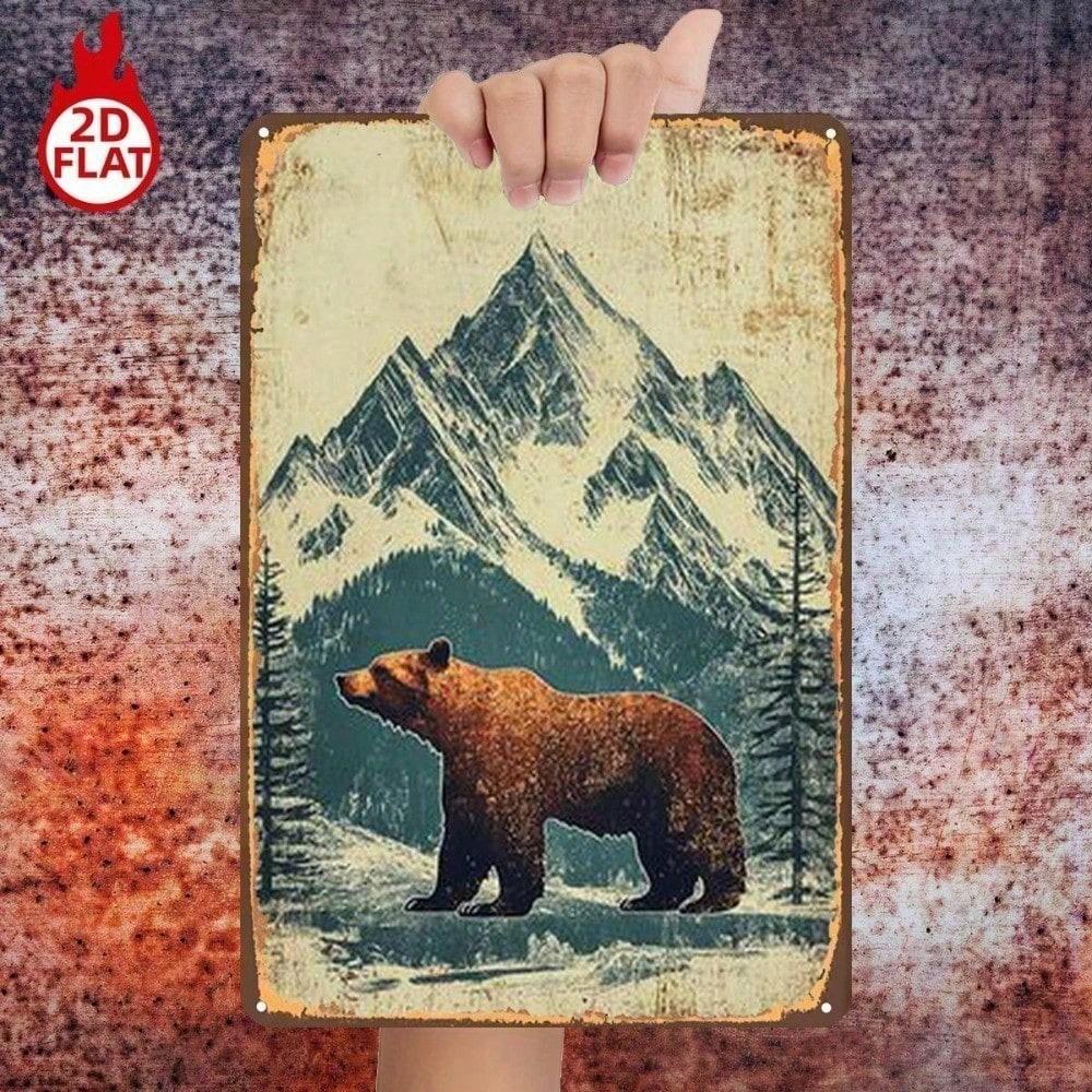 1pc Majestic Bear Snowy Mountains Metal Sign 8x12 Vintage Rustic Tin Wall Art 2D Flat Iron Painting for Home Decor