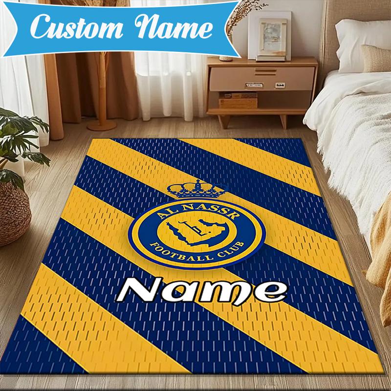 Custom Name Al Nassr Football Club Crest Rug Game Carpet, Floor Mat for Bedroom Living Room Entryway Rug, Home Decor Idea Gift for Christmas birthday