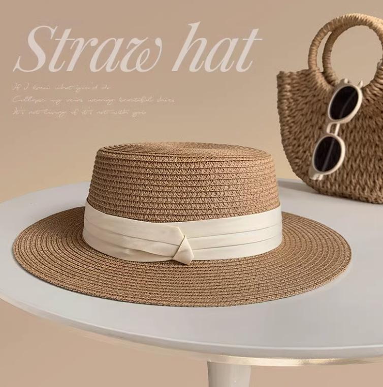 Lace Bow Straw Hat Women's Summer French Large Brim Sunscreen Hat Seaside Beach Vacation Sun Hat