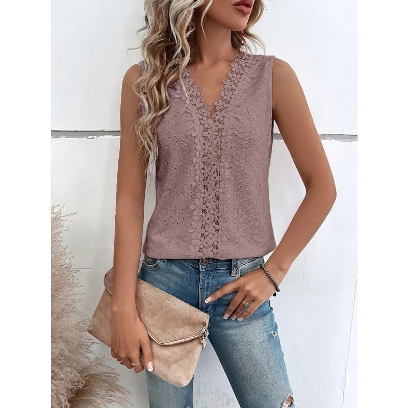 

Летний жилет без рукавов с V-образным вырезом и лоскутным узором, ажурный цветочный край, свободная повседневная однотонная футболка, повседневная базовая рубашка в стиле ретро HarajukuStyle 2XL