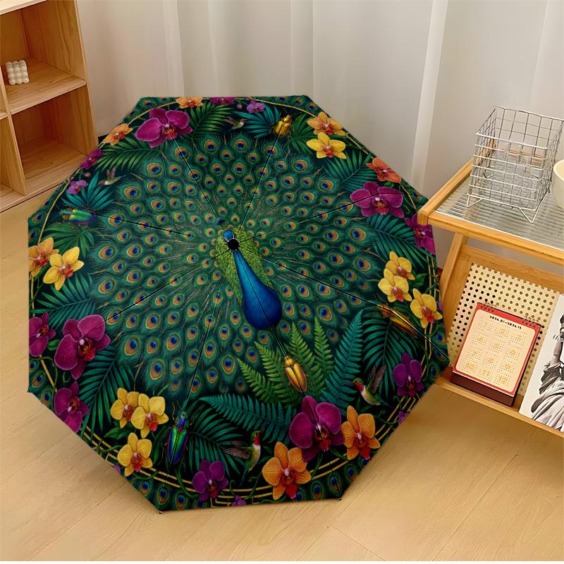 Peacock and Golden Bird Among Flowers Printed umbrella windproof folding umbrella portable sun and rain umbrella suitable for gifting