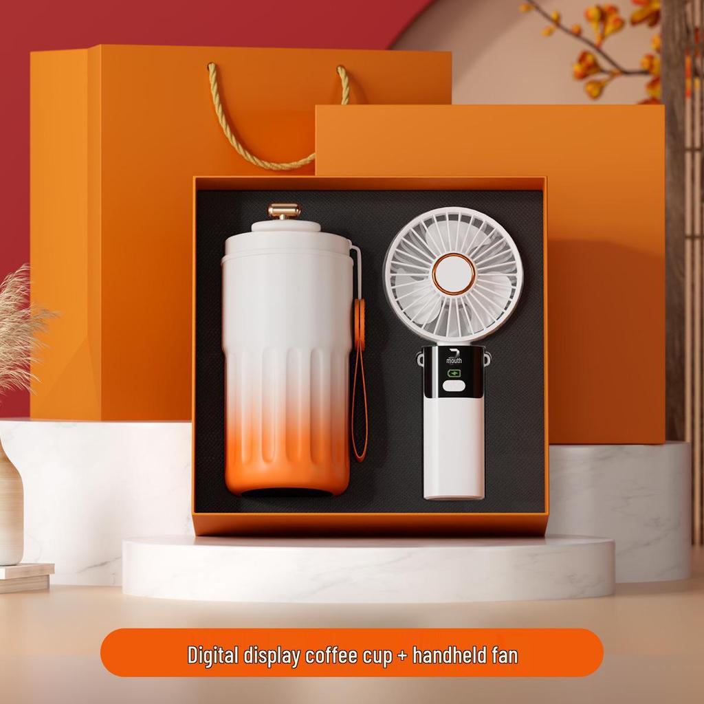 Digital Display Coffee Cup & Handheld Fan Business Gift Set for Leaders & Colleagues - Customizable with Logo