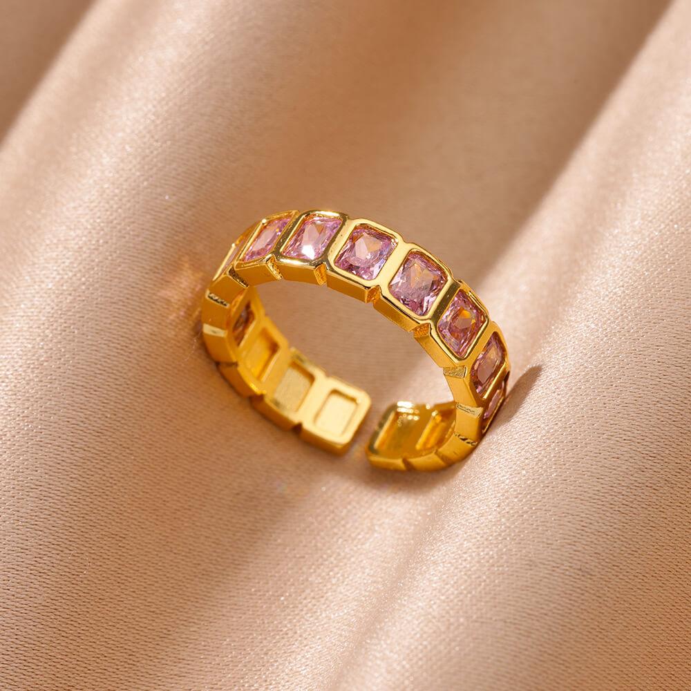 Colorful Cubic Zircon Ring for Women Stainless Steel Gold Color Open Ring Vintage Boho Wedding Party Zircon Gift Accessories
