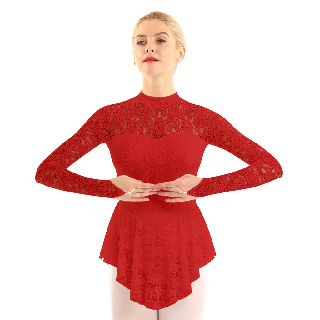 Women's Floral Lace Ballet Dance Leotard Fingerpoint Sleeves Figure Ice Skating Dress Costume