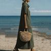 Women's Loose Fit Cowl Neck Maxi Dress Short Sleeve Solid Patterned Casual Linen Floor Length Gown