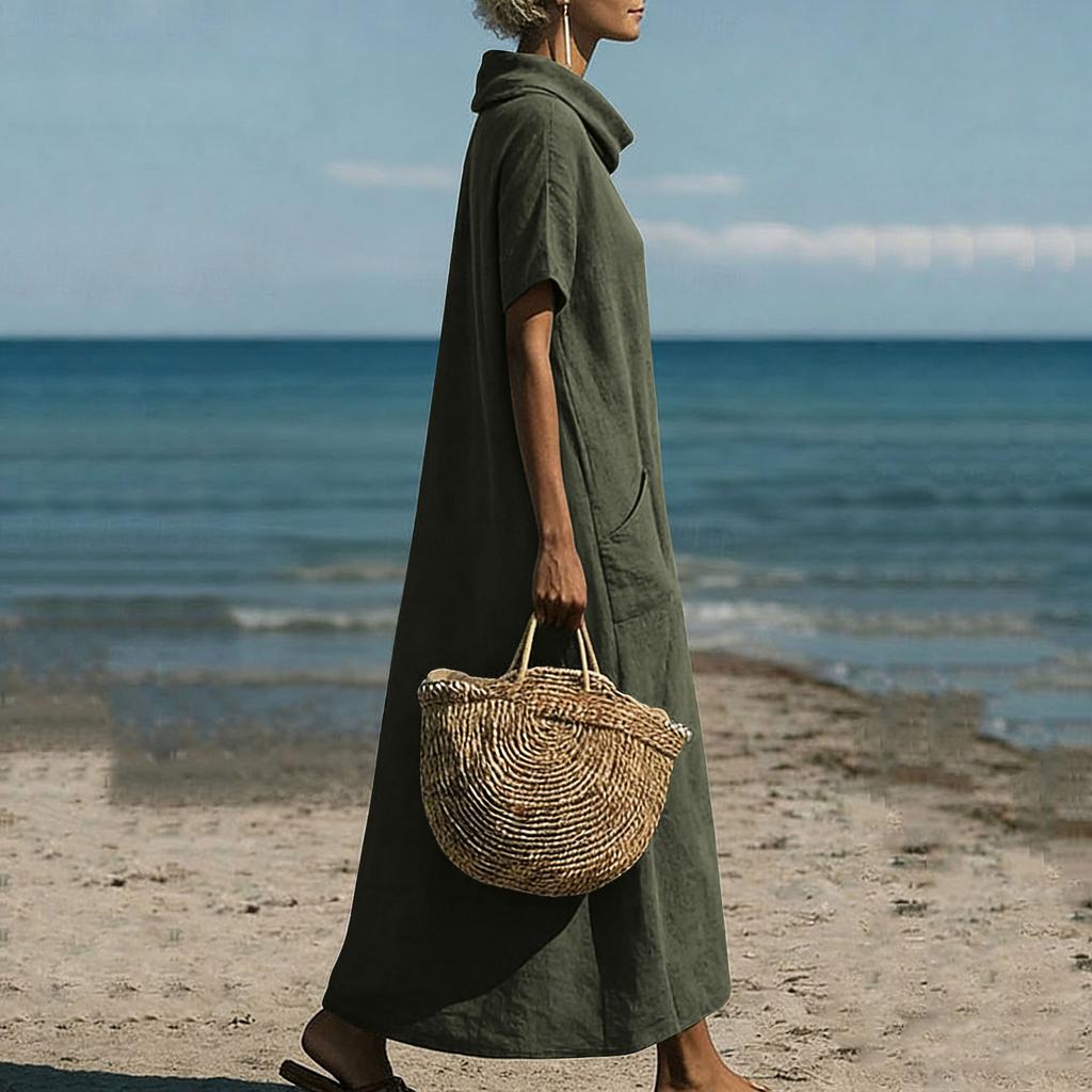 Women's Loose Fit Cowl Neck Maxi Dress Short Sleeve Solid Patterned Casual Linen Floor Length Gown