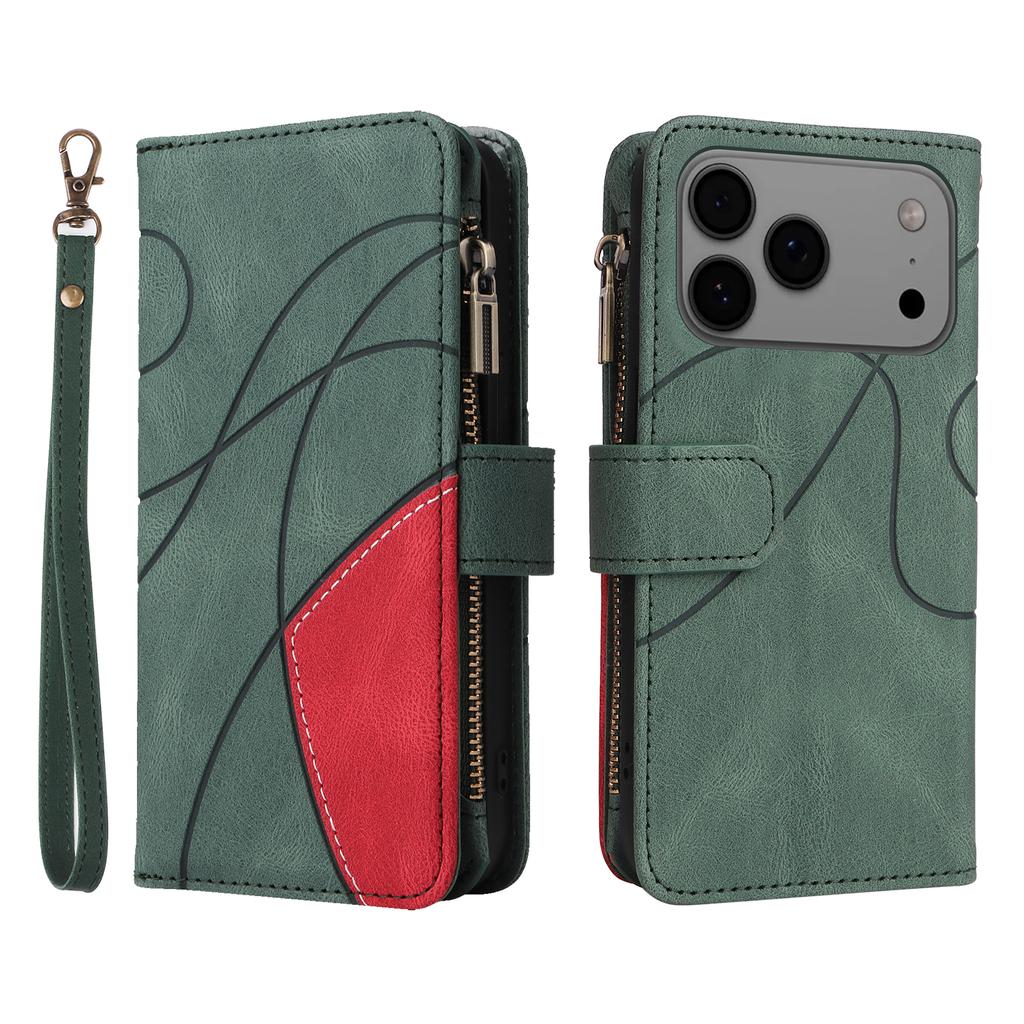 For iPhone 17 Pro Max Leather Case with Strap Zipper 9 Card Slot Phone Cover Stand