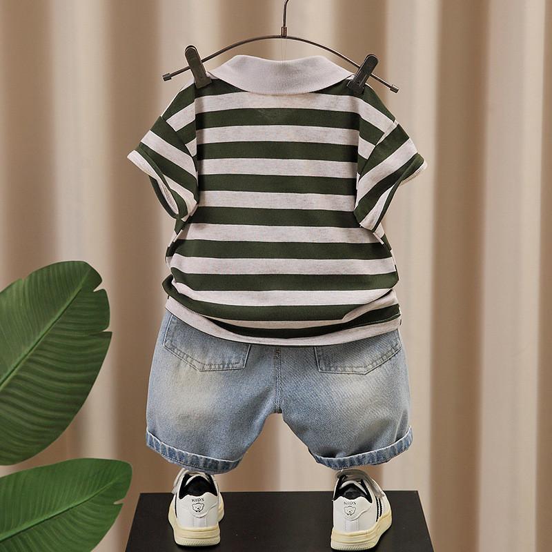Trendy Black Gray And Green Gray Children's Summer Polo Shirt Set For Boys Aged 3 To 8
