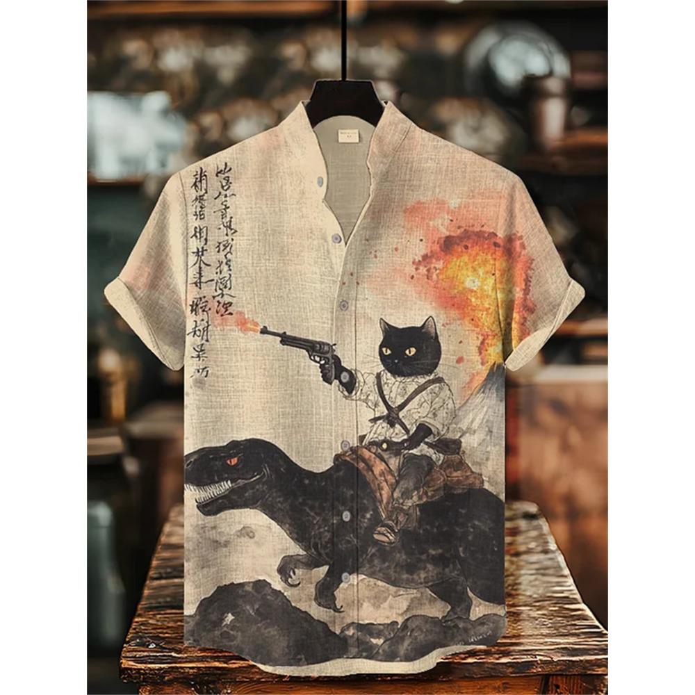 Men's Short-sleeved Shirt with Cat and Dinosaur Print, Casual and Stylish Vacation-style Men's Top, Fashionable Hawaiian Design.