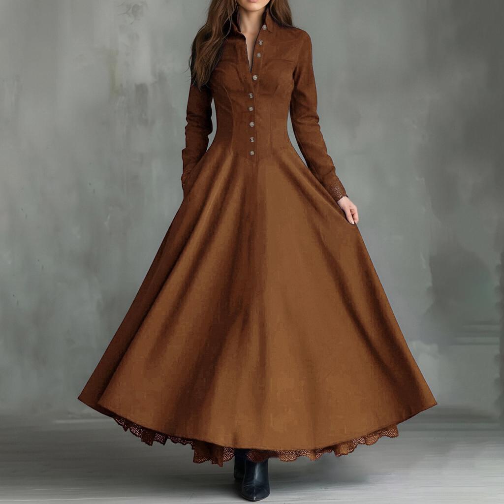 Women’s Long Sleeve Vintage Style Faux Lace Trim Shirt Dress Inspired Elegant Maxi Dress Button Down Design