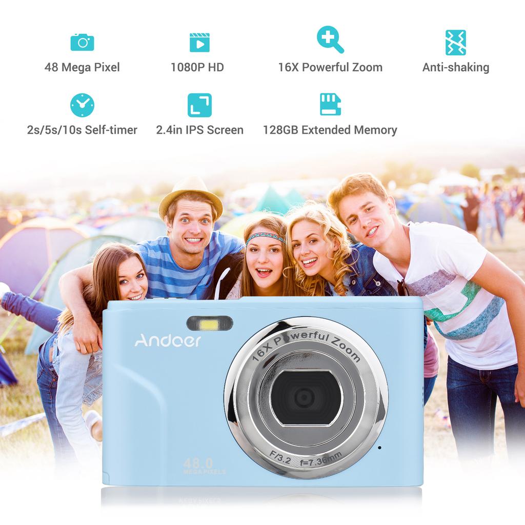 Andoer Portable Digital Camera 48MP 1080P 2.4-inch IPS Screen 16X Zoom Auto Focus Self-Timer Face