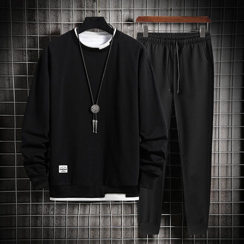 Men Fake Two Piece Casual Round Neck Long Sleeve Sweater And Pants Set