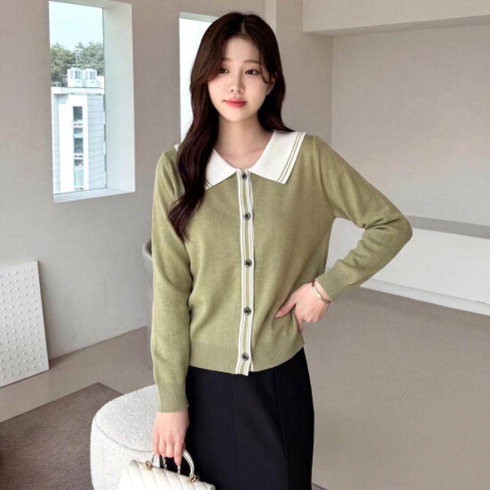 MorriS Coming Home Women S Two Line Color Block Flat Collar Button Knit M2602kn