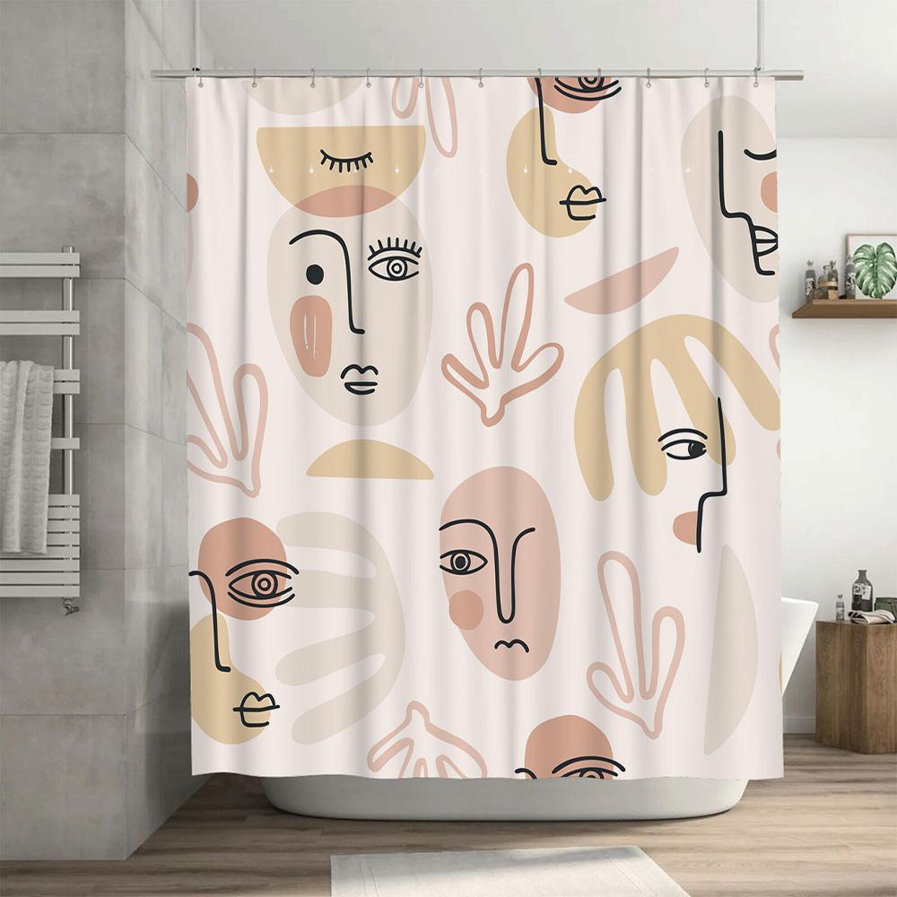 Contemporary Print Shower Curtain Set for Bathroom Decor Simple Modern Design with Face Shapes in Pink Beige Colors (180x274cm)