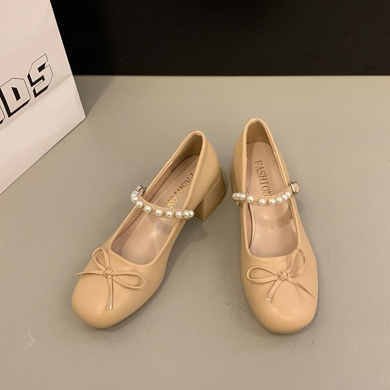 

Light mouth ladyshoes women s thick heel Mary Jane single shoes thick heel shoes bow square head pearl Xiaoxiang 39 абрикосовый