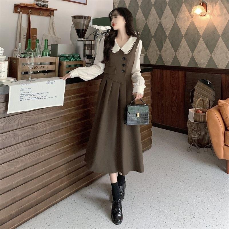 Classic Doll Collar Long Sleeve Dress With Knit Fabric For Spring Womens Fashion