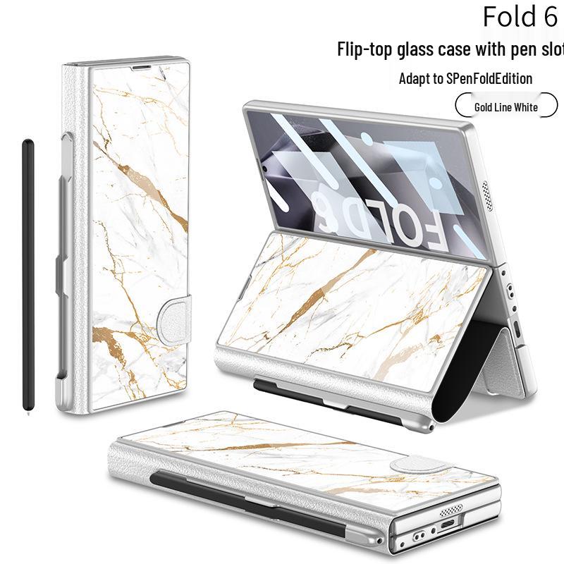 Samsung Z Fold 6 Leather Flip Case with Pen Slot and Glass Cover – Stylish and Business-Friendly.