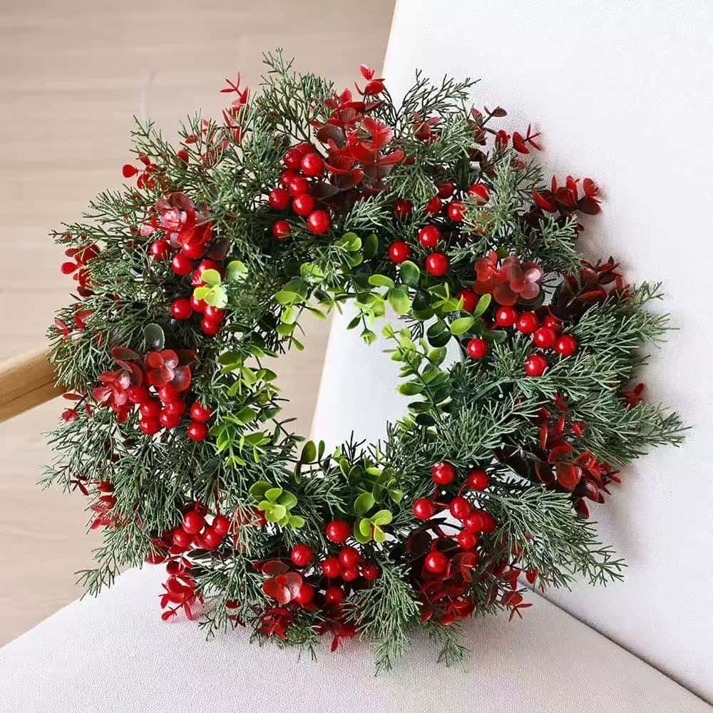 40cm Christmas Wreath with Red Berries - Artificial Eucalyptus Leaf Door Hanger, - Indoor and Outdoor Holiday Decor