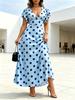 Light Navy Blue Polka Dot Maxi Dress V Neck Flutter Sleeve High Waist Slim Fit Holiday Long Dress